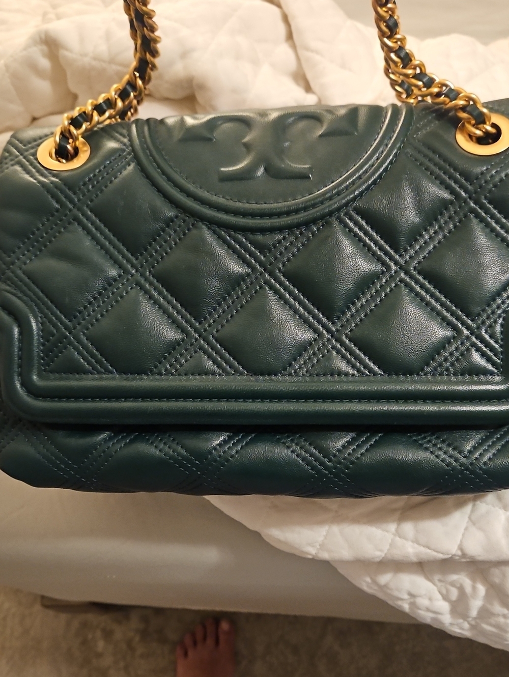 Tory Burch Quilted Dark Green Leather Chain Shoulder Bag with Gold Hardware